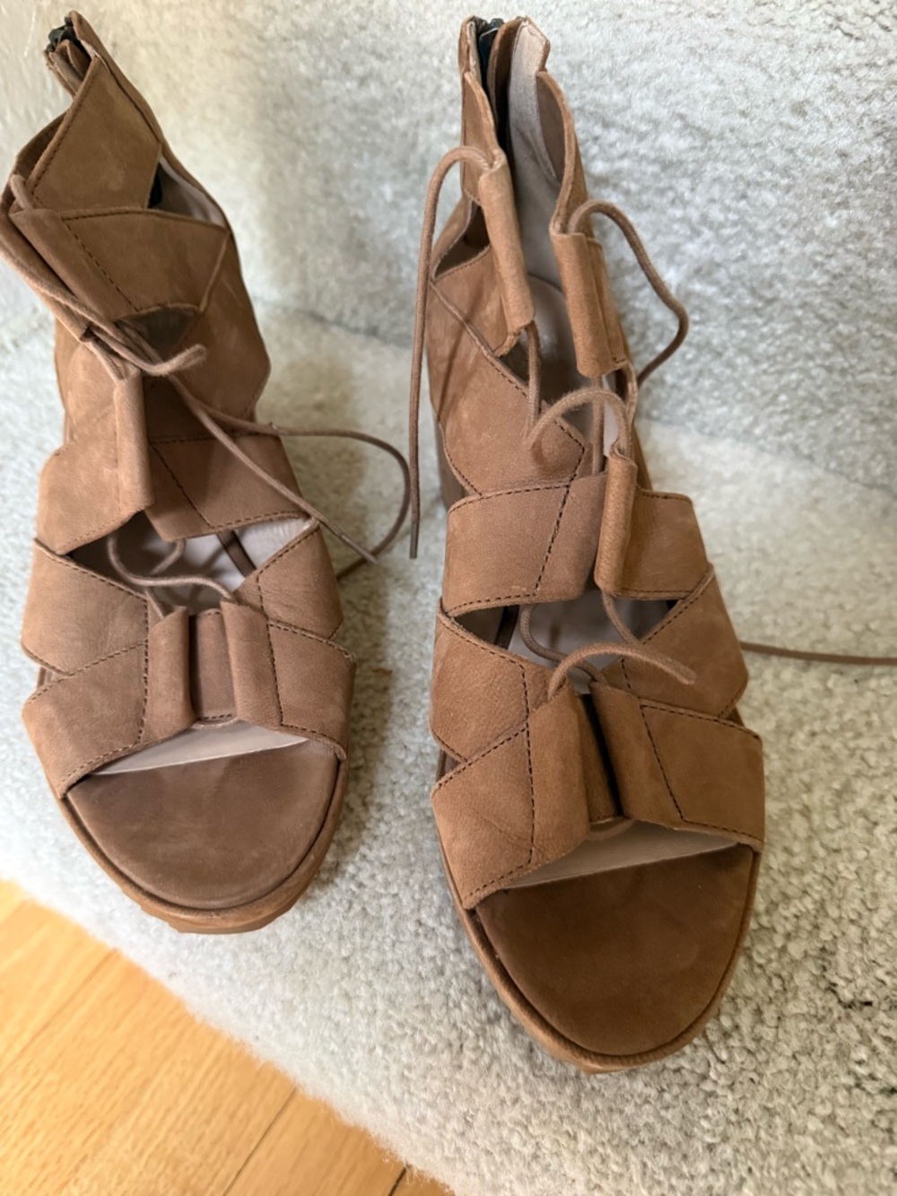 Eileen Fisher Cognac Suede Lace-Up Wedge Sandals 9 Like new!!!